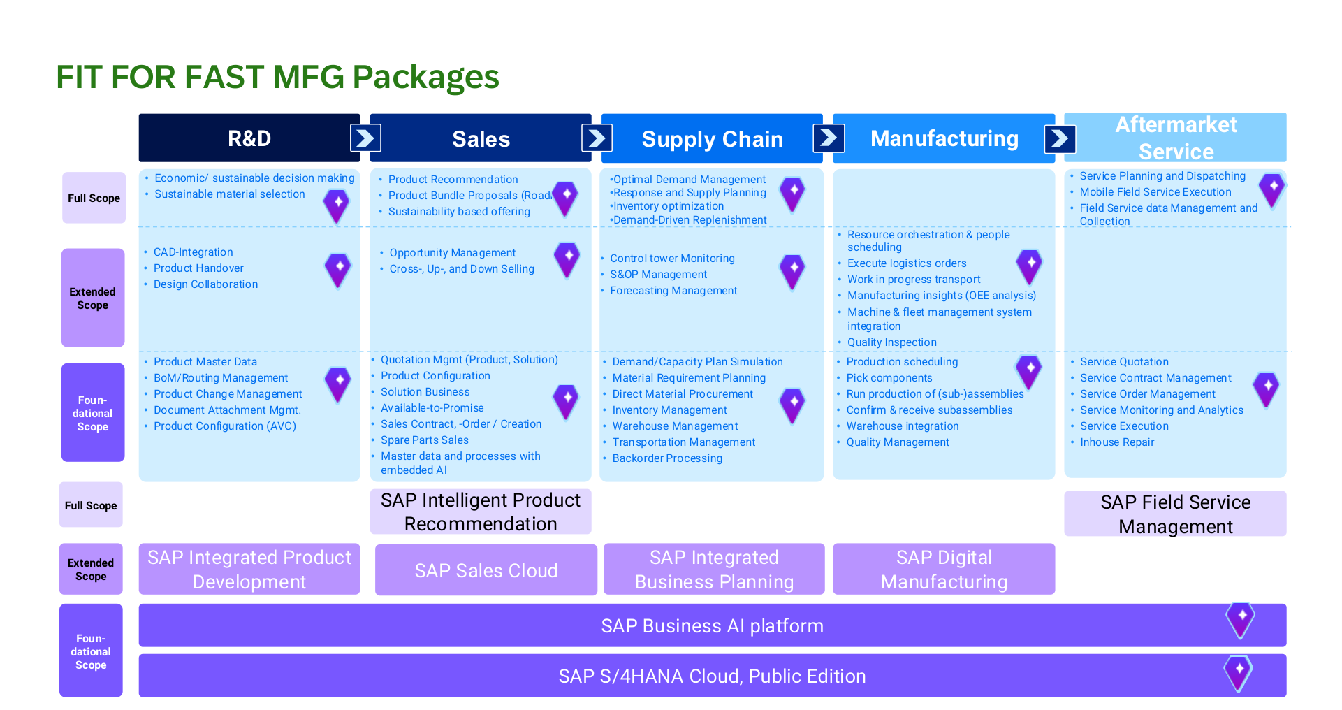 Fit for Fast MFG Packages — functional scope by domain